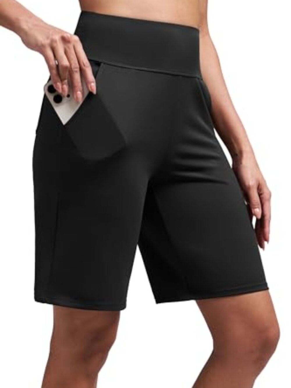 Women's Black High Waisted Bermuda Biker Shorts Athletic Knee Length Shorts